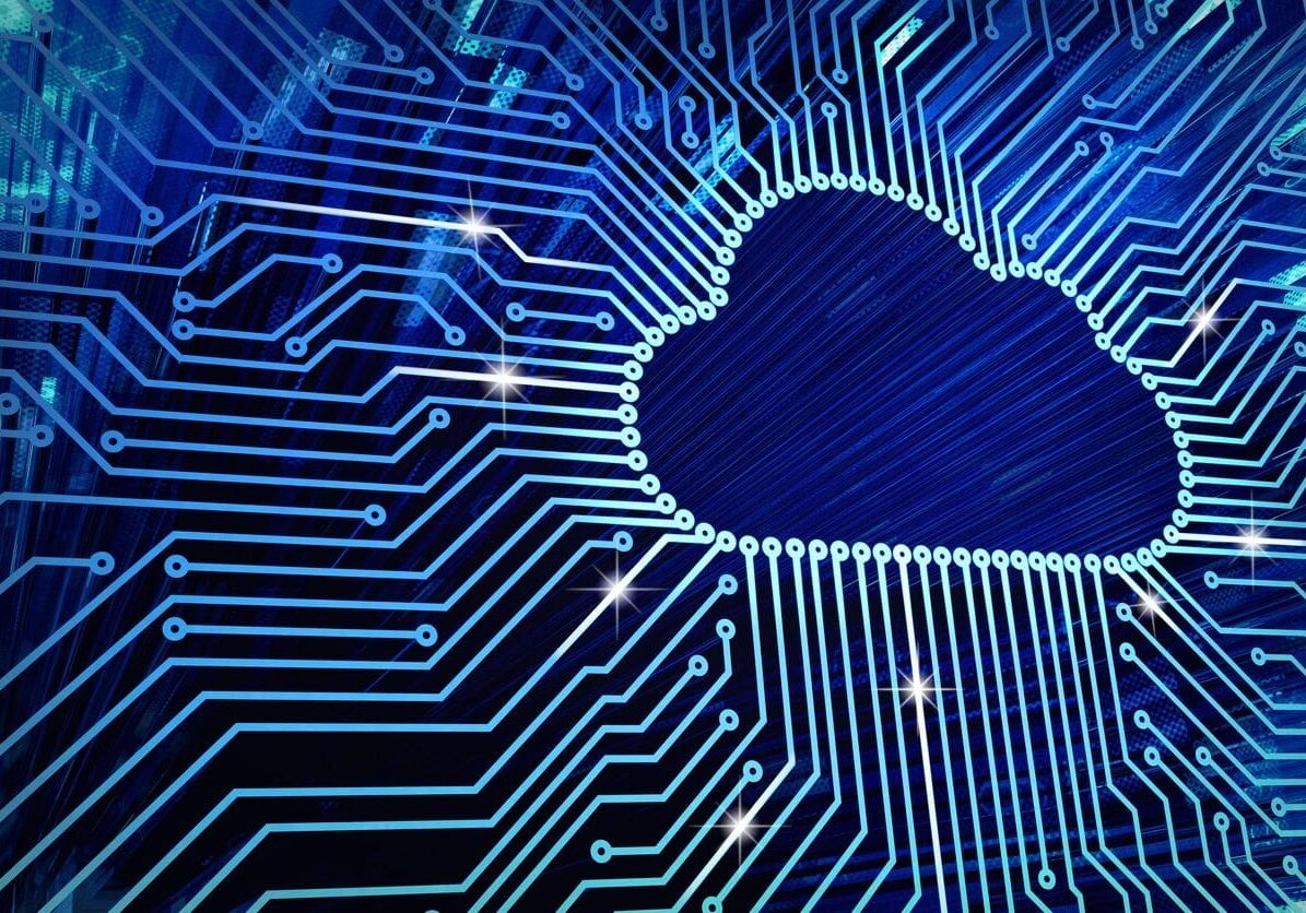 A computer circuit board with the cloud in the center.